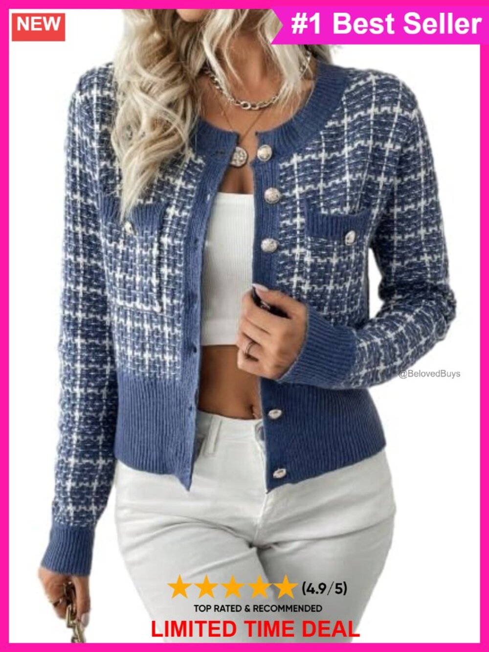 Tweed Plaid Button Front Cardigan Crew Neck Long Sleeve Knit Sweater